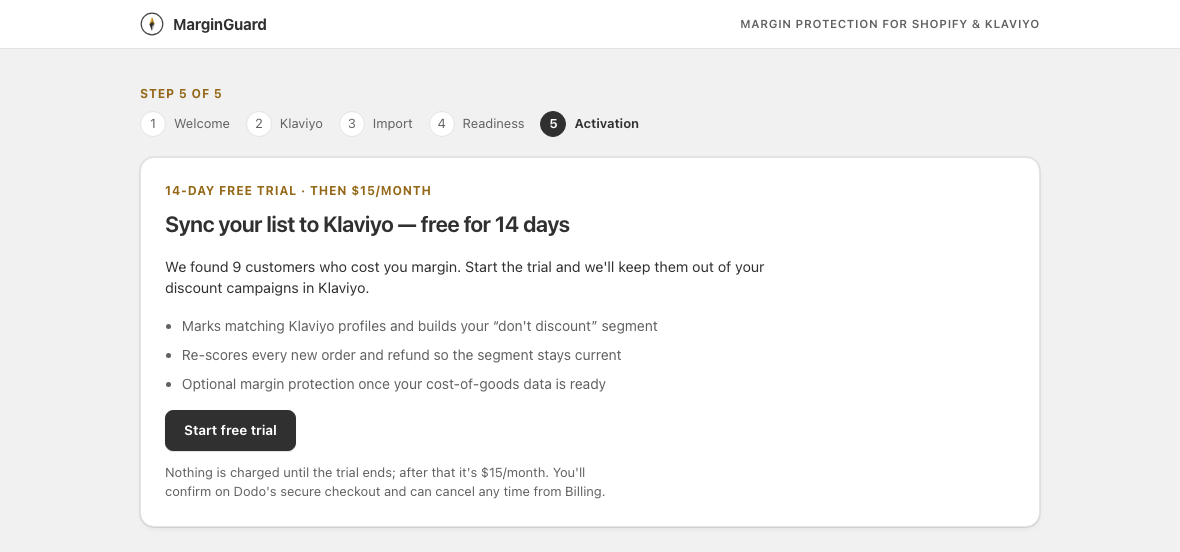 Step 5, activation: the trial card. Nothing is charged until the trial ends, and cancelling is one click in Billing.