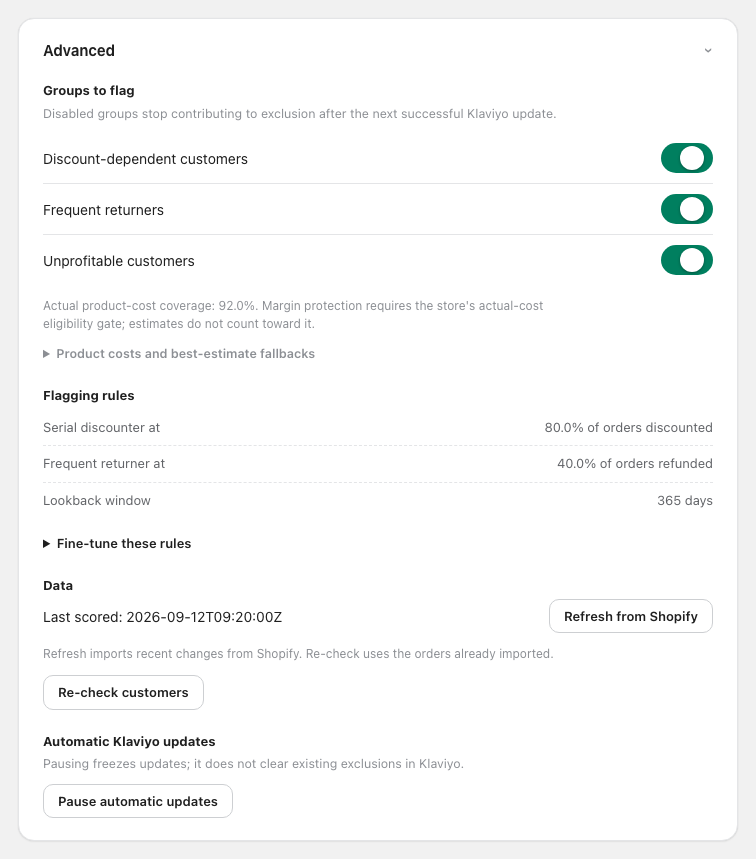 The Advanced panel: enable or disable each group, see the live thresholds, fine-tune them with a preview of who would be added or removed, refresh from Shopify, re-check imported orders, or pause Klaviyo updates.