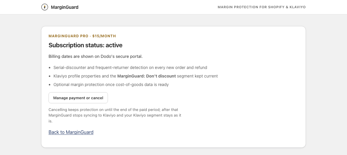 The Billing page: current status, and one button into Dodo's portal to change the card or cancel.