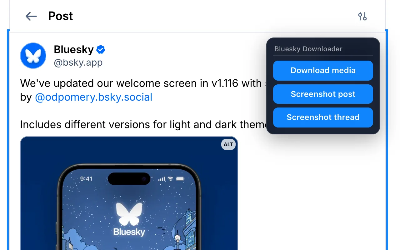 A Bluesky video post outlined in blue with the extension's panel offering Download media, Screenshot post and Screenshot thread