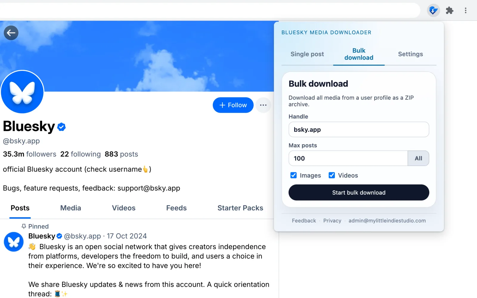 Extension popup on the Bulk download tab over the @bsky.app profile page: handle, max posts 100, Images and Videos checked and a Start bulk download button