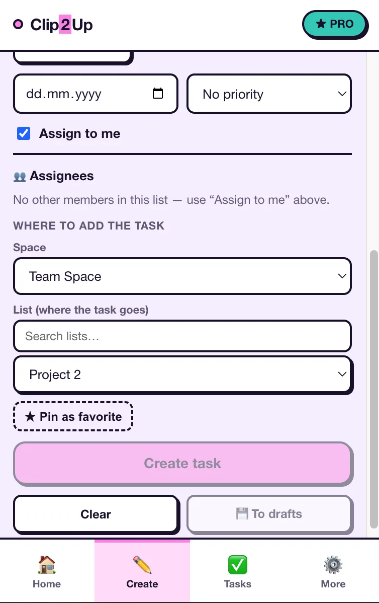 Popup showing the ClickUp destination picker