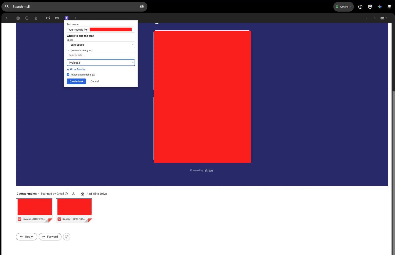 Email-to-task form with Space and List pickers over a Gmail message