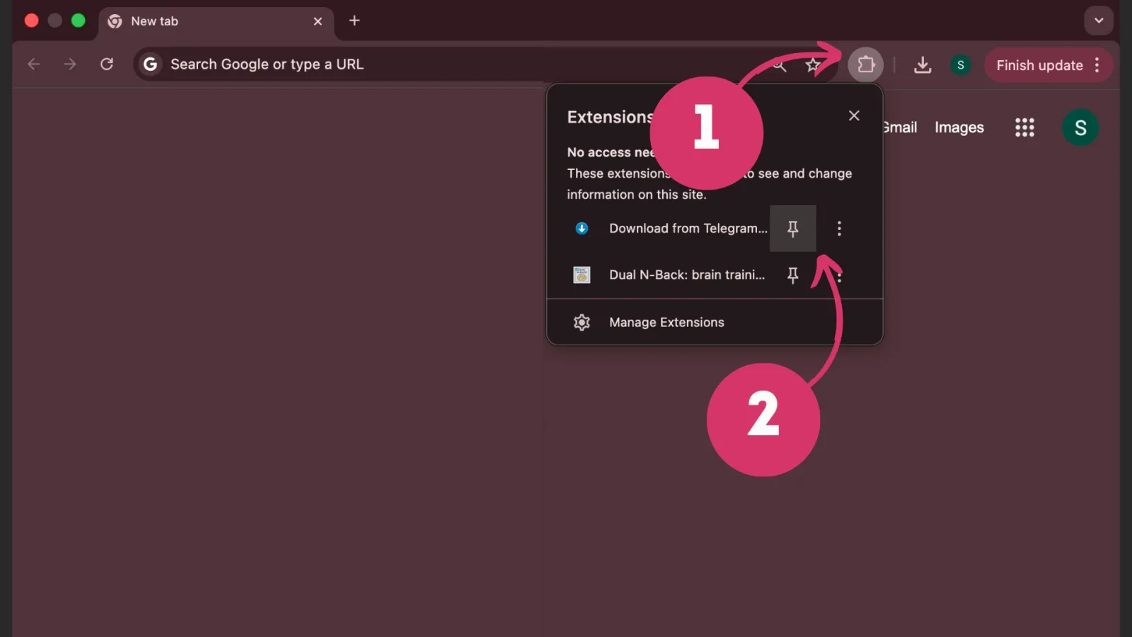 Annotated Chrome toolbar showing how to pin the extension