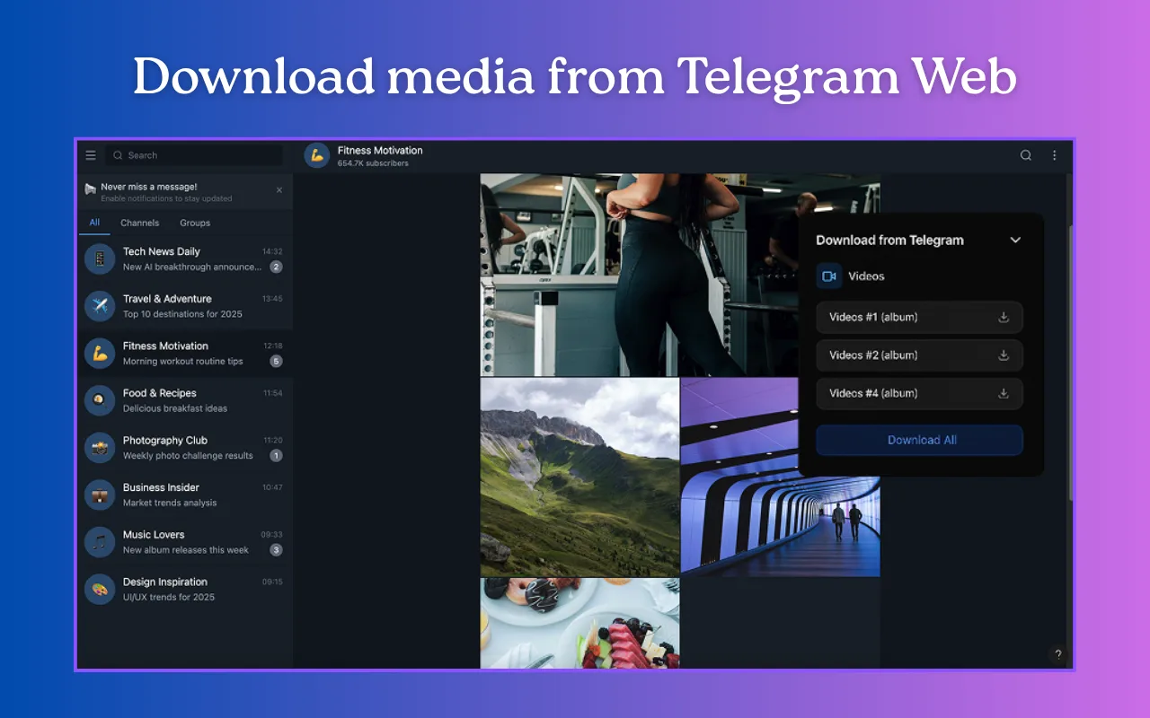 Store artwork showing the download panel over Telegram Web