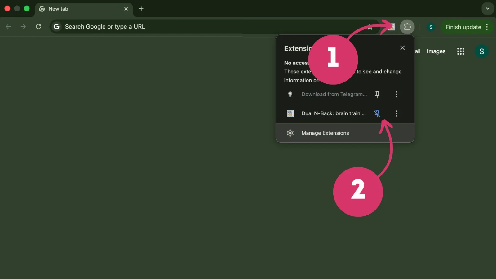 Annotated Chrome toolbar showing how to pin the extension