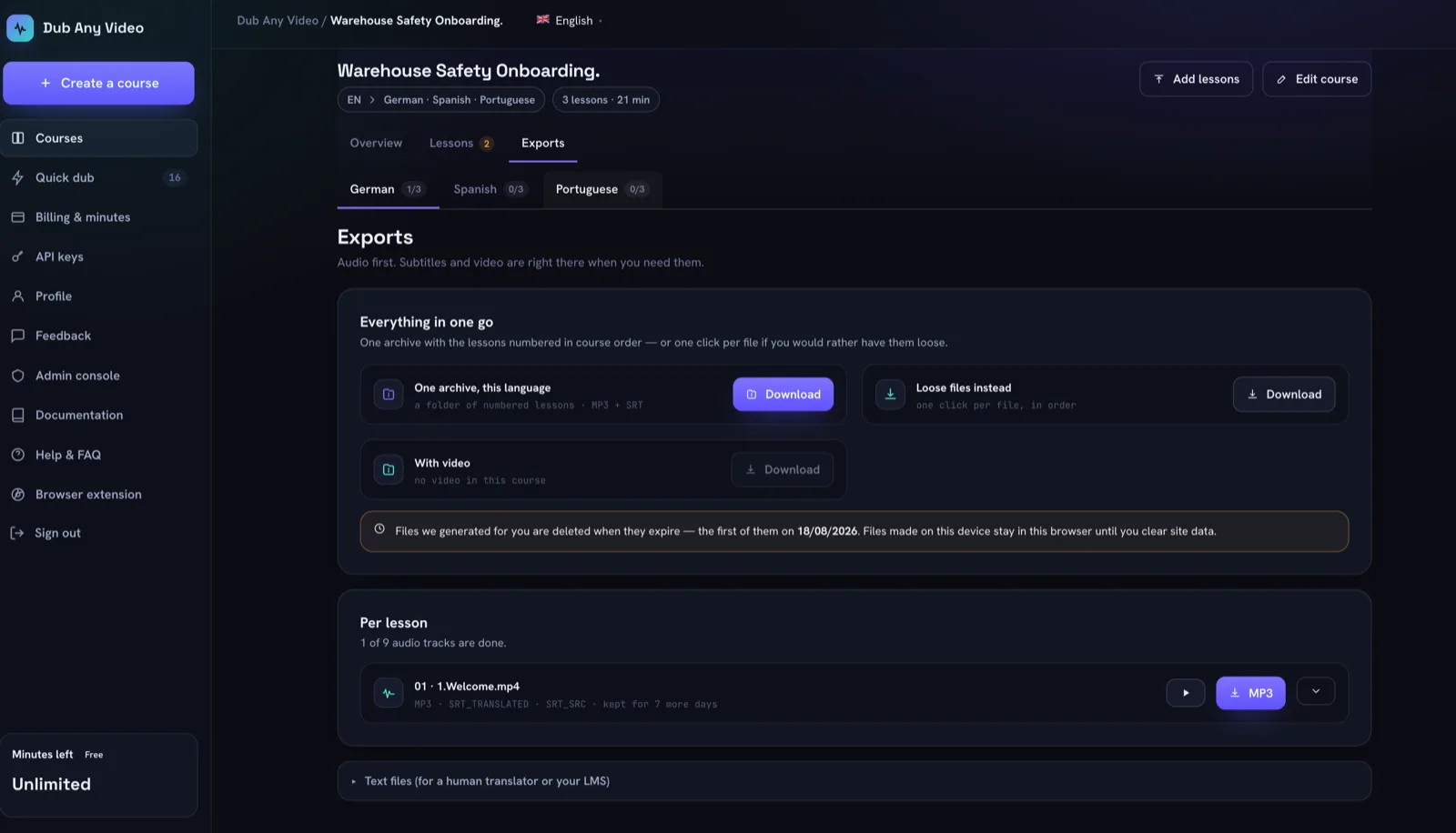 Export panel producing an MP3 and SRT archive per target language