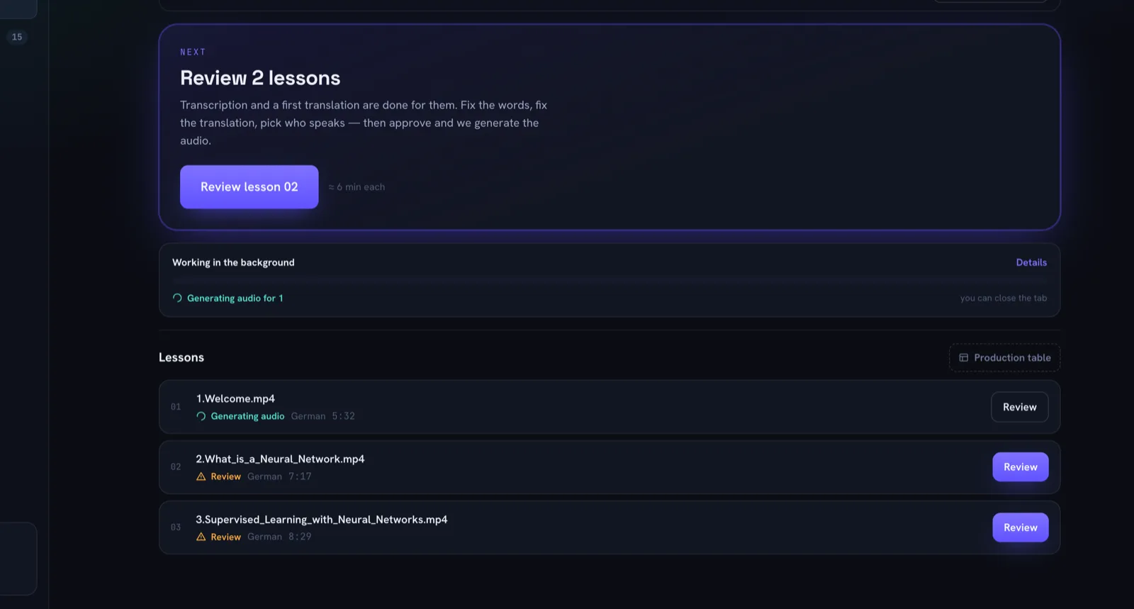 Lesson list in Dub Any Video showing per-language audio generation progress
