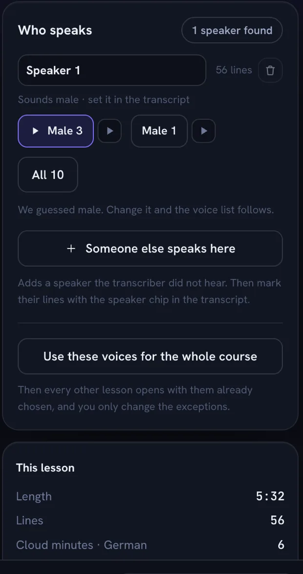 Speaker list with editable voice assignments in Dub Any Video