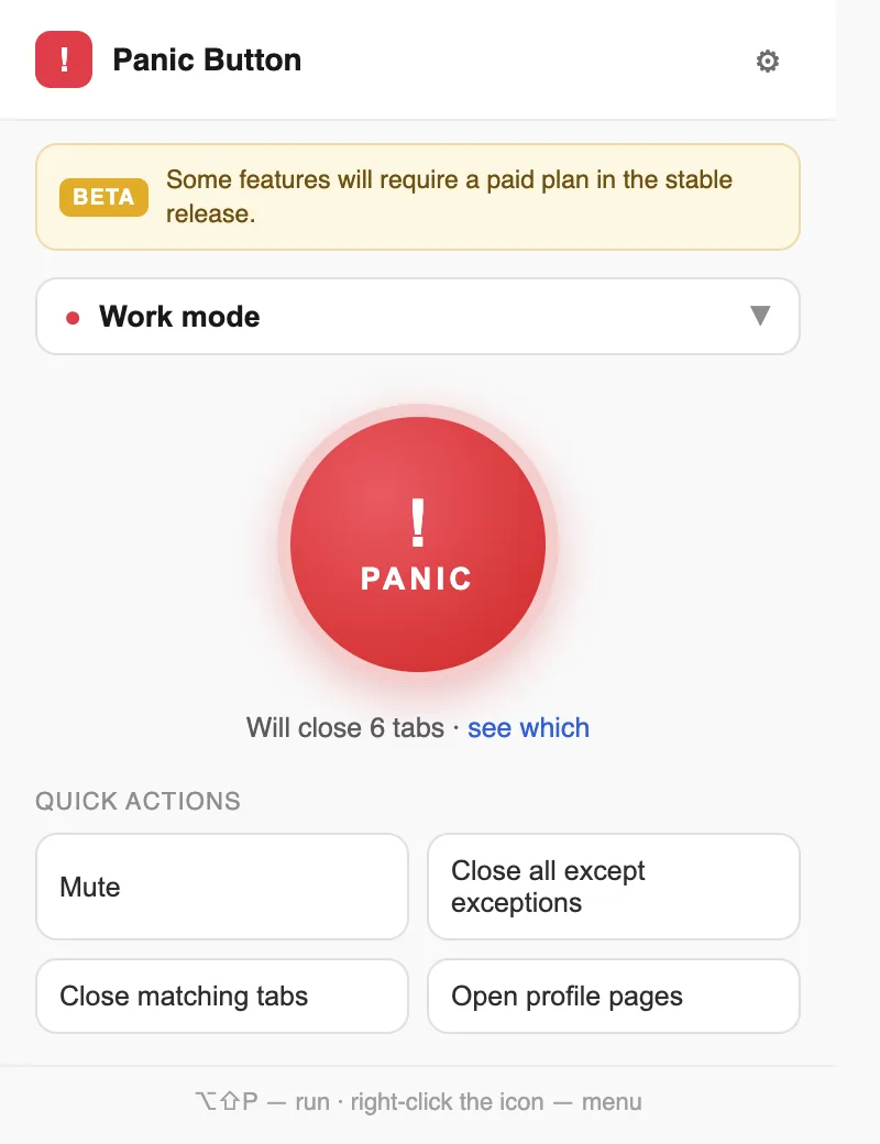 Panic Button popup showing the active profile and a preview of tabs that will close