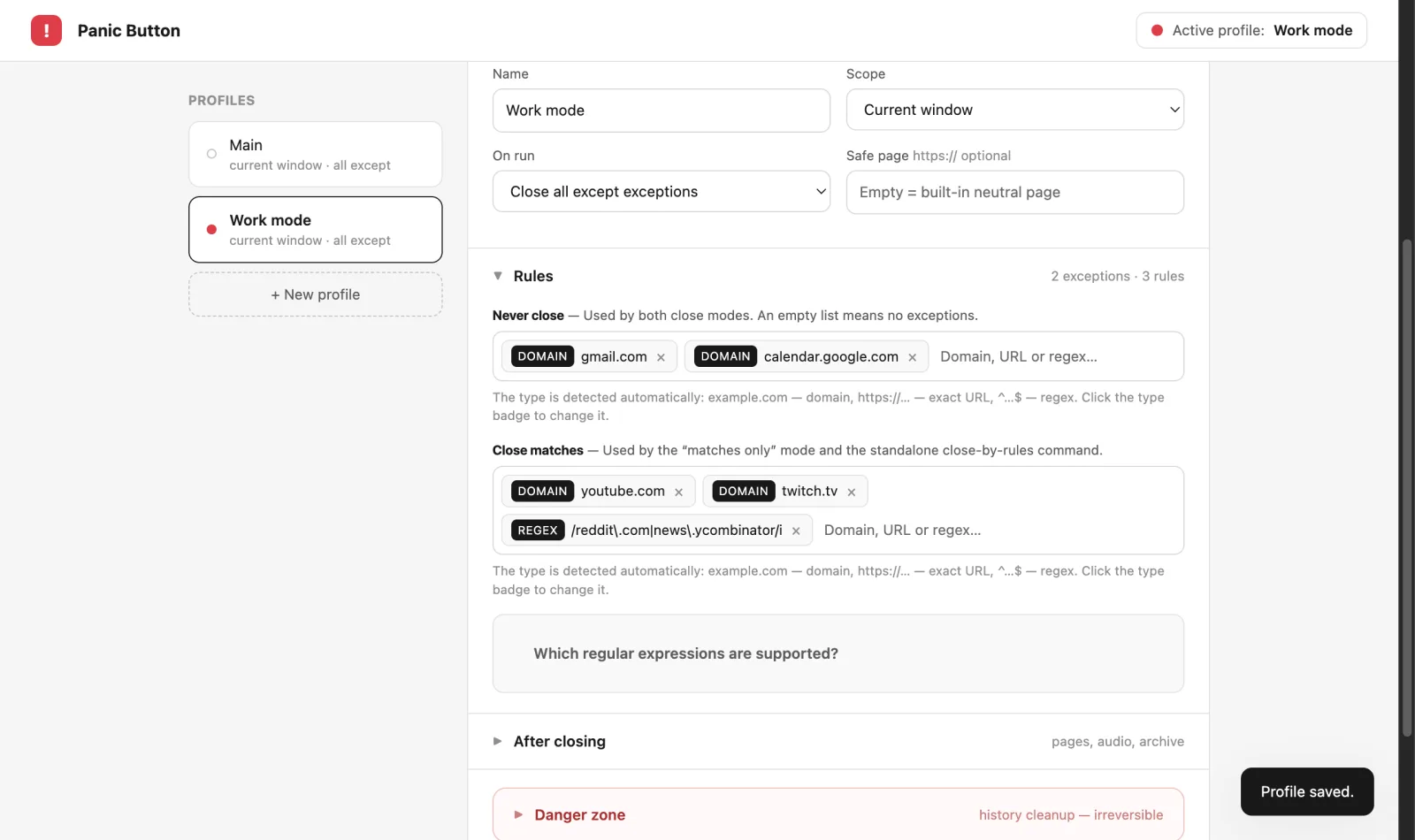 Profile settings page with keep-list and close-list rules