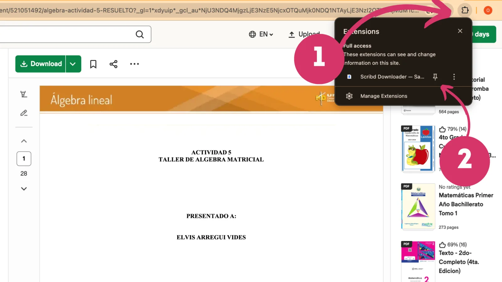 Annotated Scribd page showing how to pin the extension