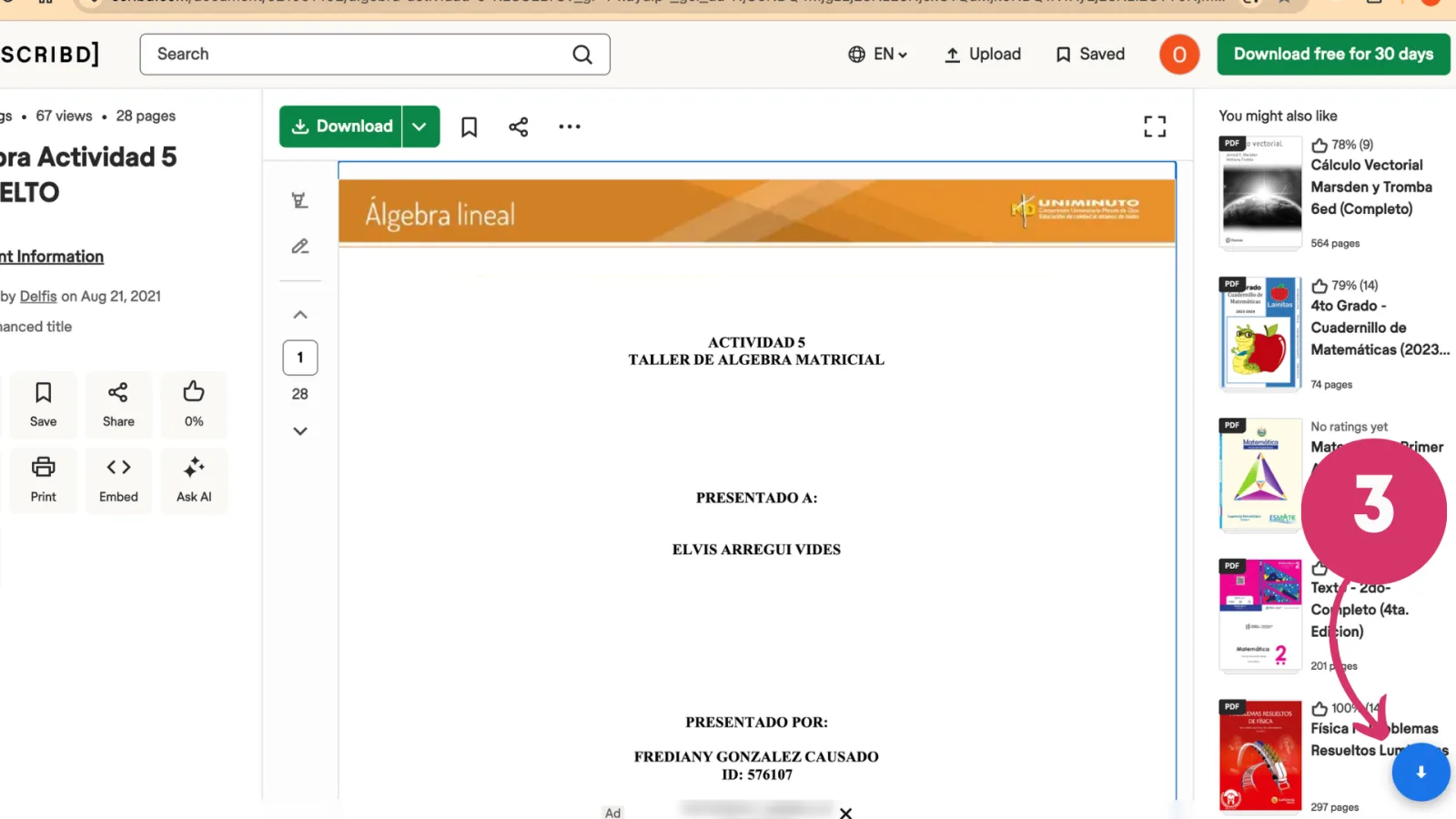 Annotated Scribd page showing the extension's save action