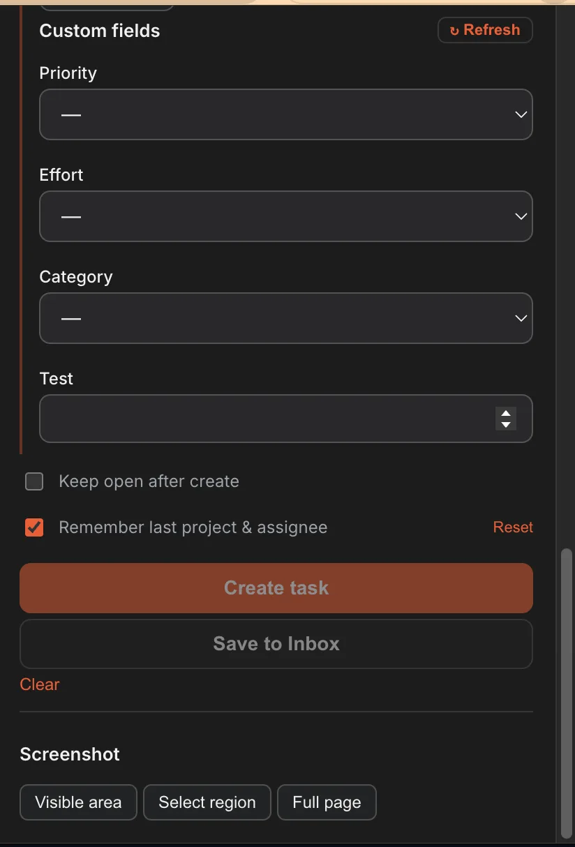 Asana custom fields (dropdowns, numbers, dates) inside the extension popup