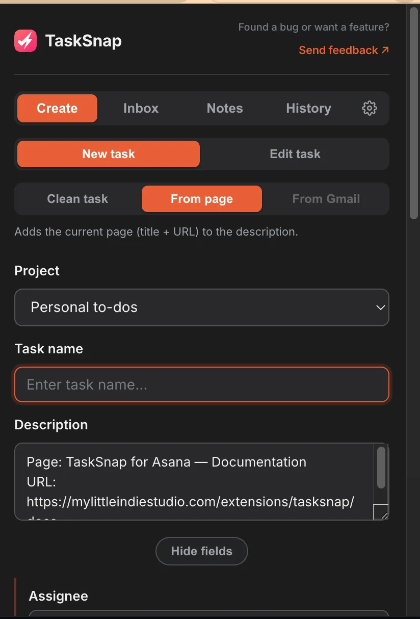 Extension popup showing task creation fields and a project picker
