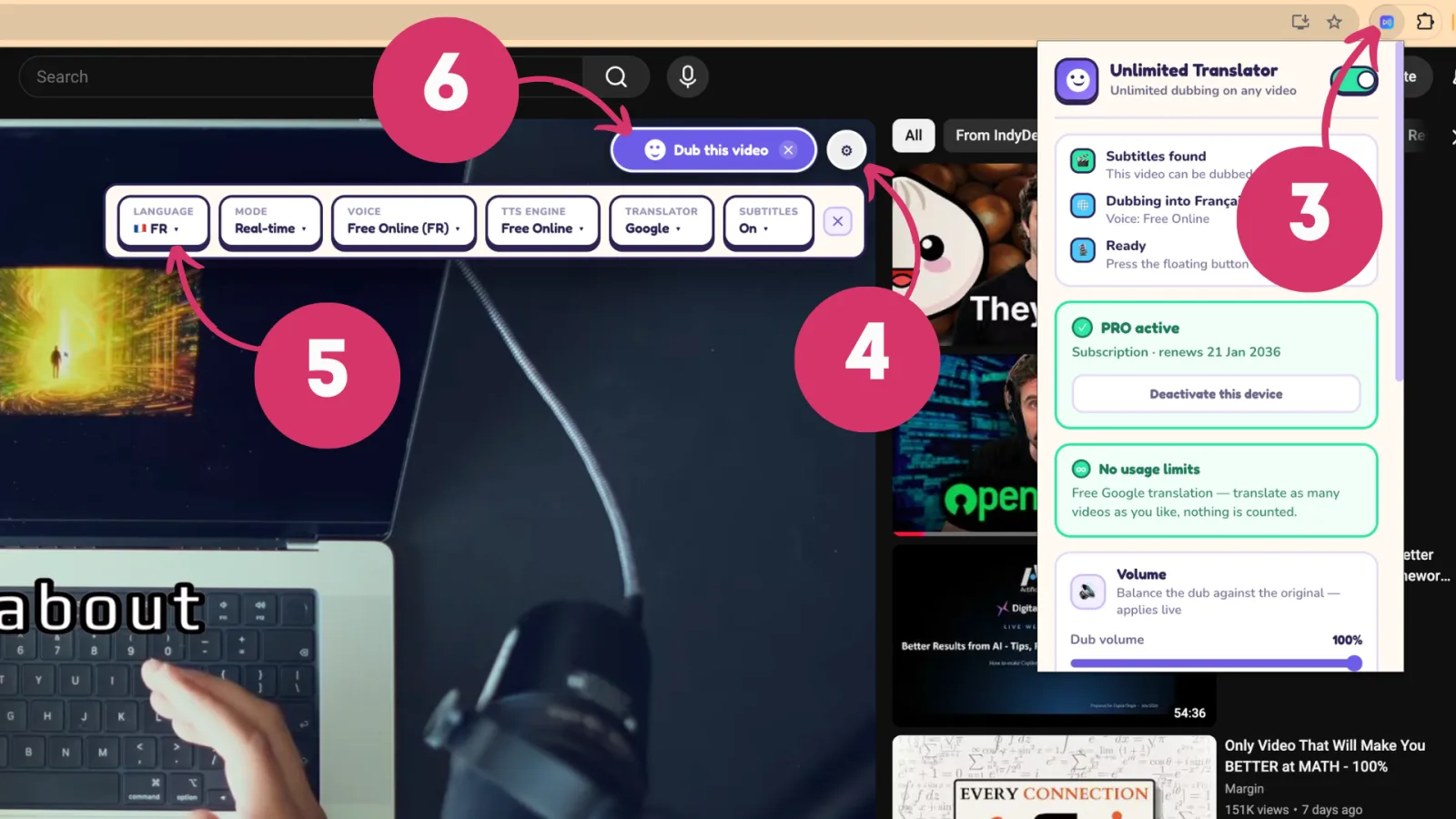 Extension popup with per-video language and voice settings