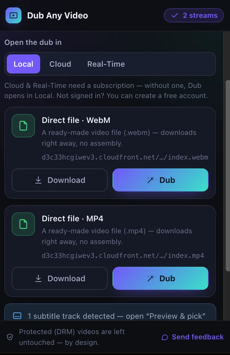 Popup listing detected video streams, each with Download and Dub buttons