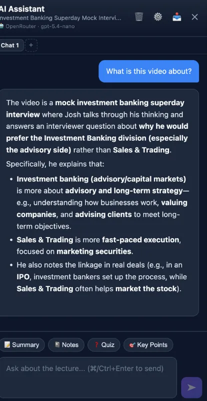 Dark AI Assistant side panel for a Financial Edge lecture with a question, a summary answer and Summary, Notes, Quiz and Key Points buttons