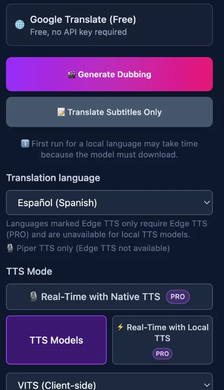 Video Translator for Udemy panel with Generate Dubbing and Translate Subtitles Only buttons and TTS mode options