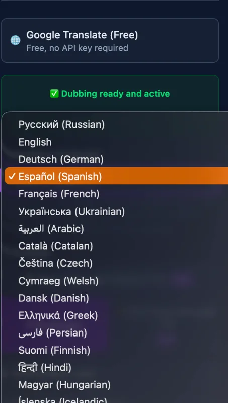 Video Translator for Udemy panel with Dubbing ready and active and a list of target languages, Spanish selected