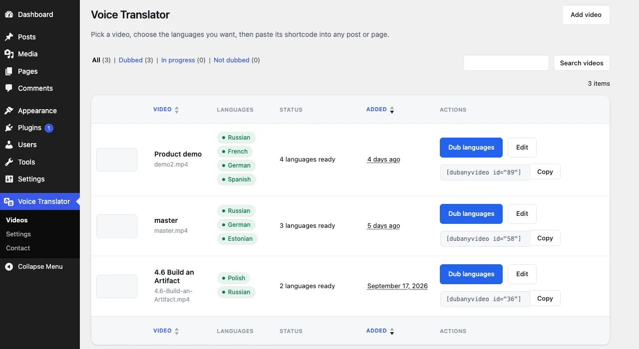 Voice Translator screen in wp-admin listing Media Library videos with their dubbed languages and shortcodes