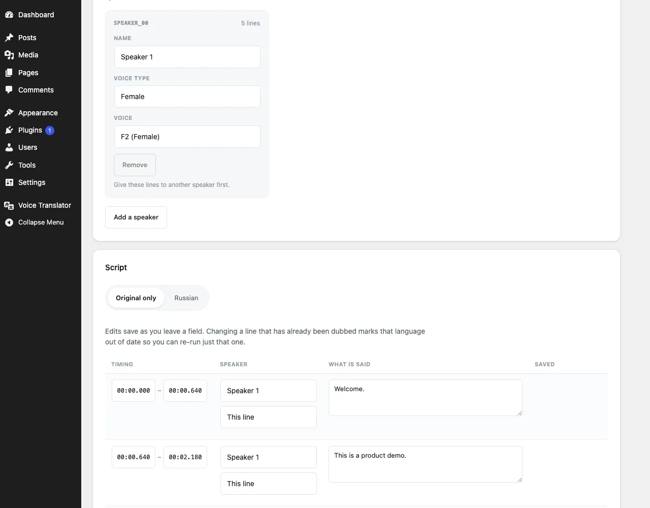Script review screen with transcript lines, timings, speakers and a voice assigned to each speaker