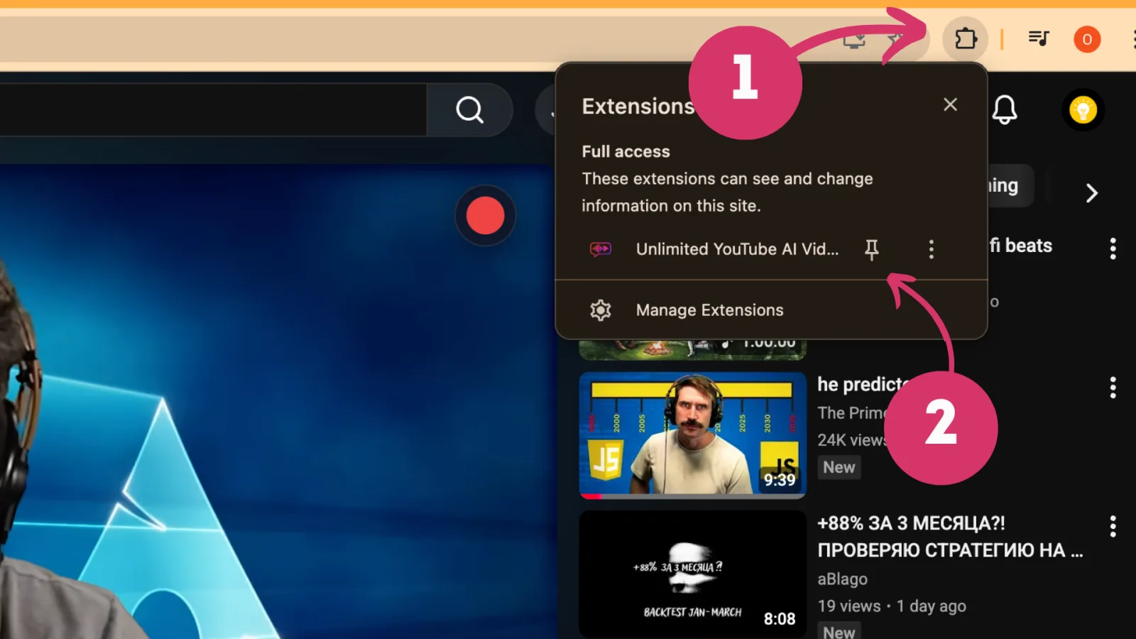 Annotated YouTube page showing the extension's Dub this video action