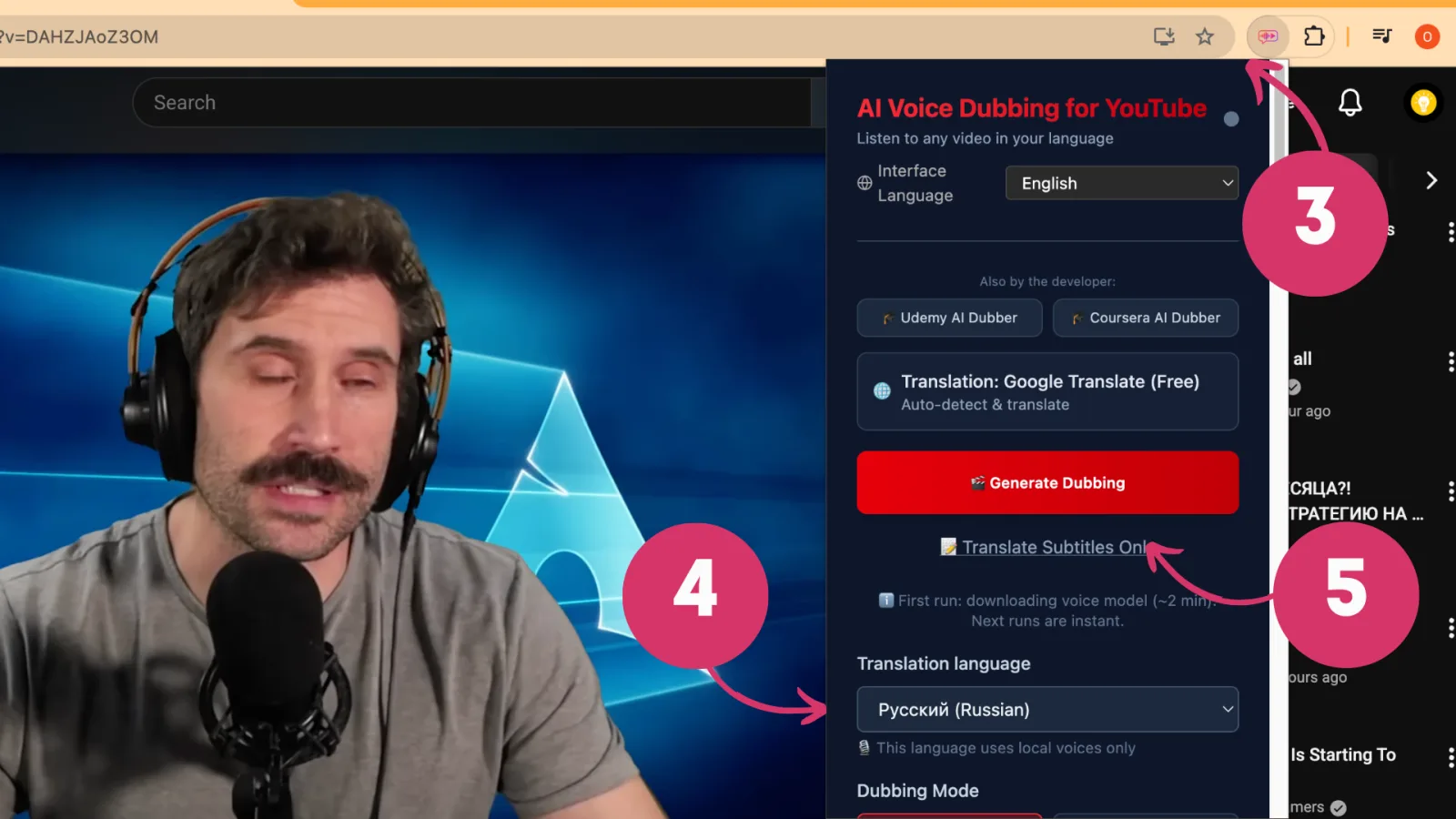 Extension popup on YouTube showing dubbing options