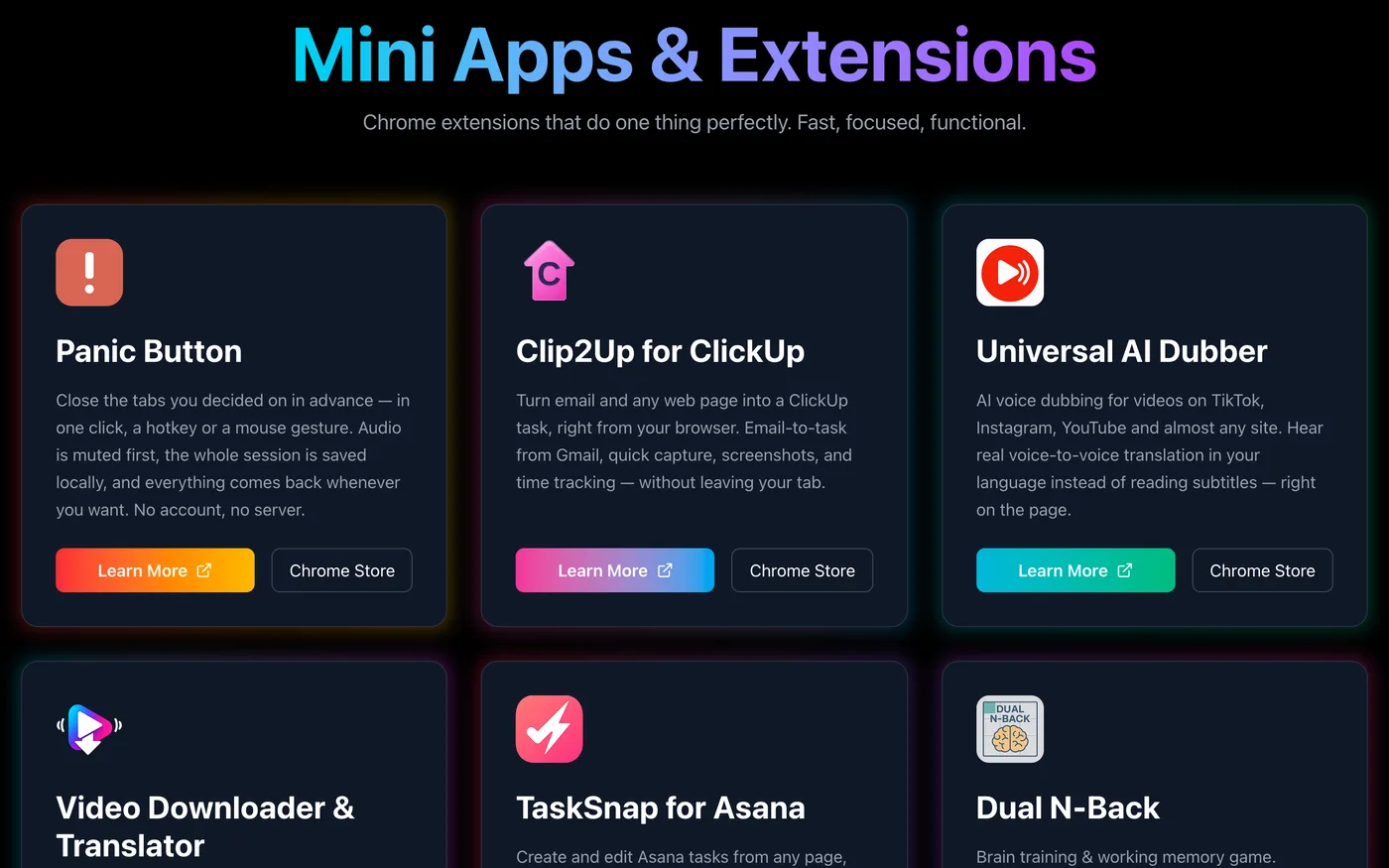 My Little Indie Studio catalog of Chrome extensions, each card with an icon, description, Learn more and Chrome Store buttons