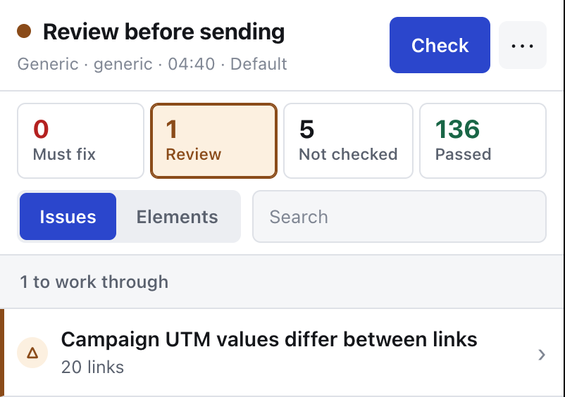 A report whose only finding is inconsistent campaign UTM values across twenty links.