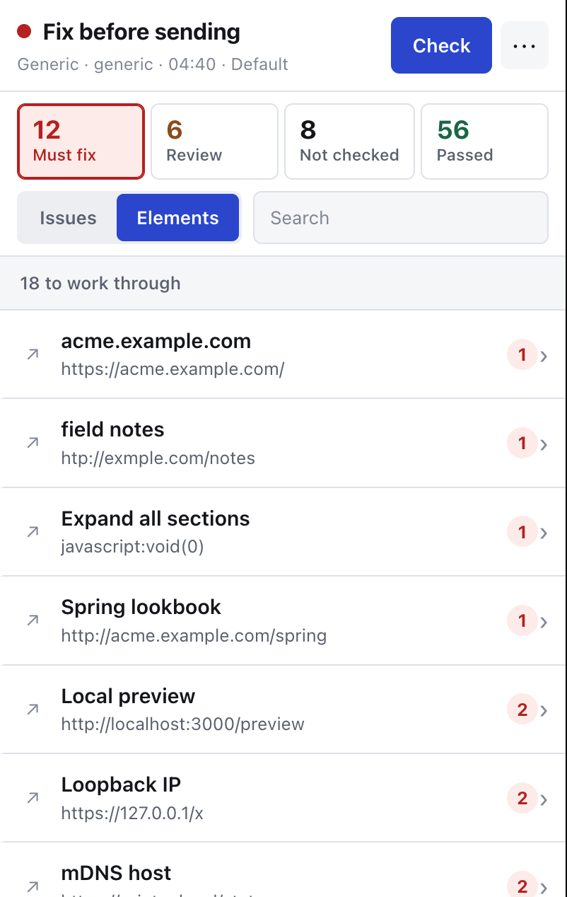 The Elements tab listing each link with the number of findings attached to it.