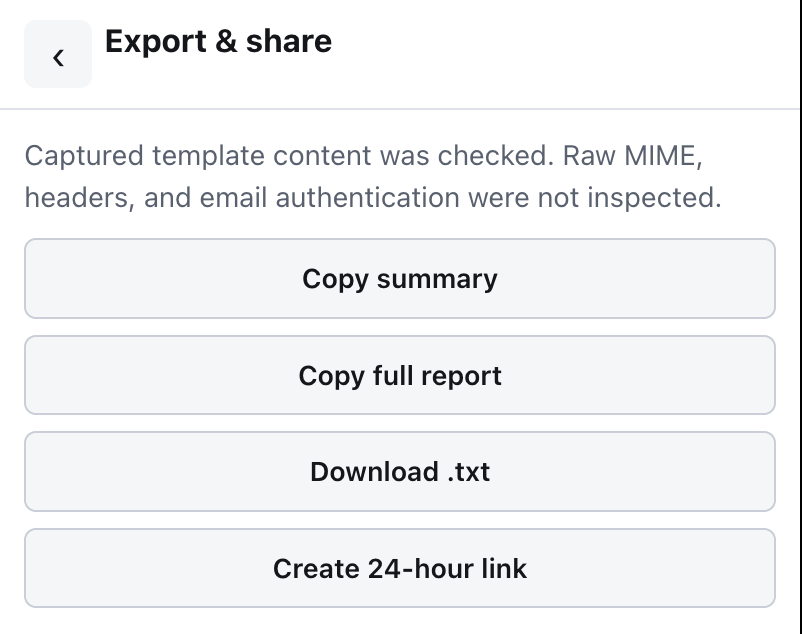 The Export and share screen with copy, download and 24-hour link actions.