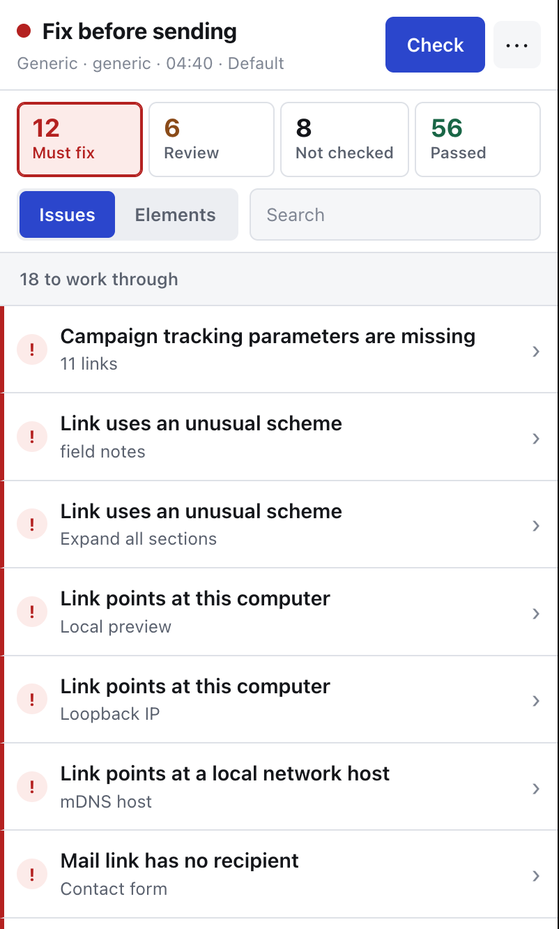 Side panel showing the verdict, four counters and the list of findings for a sample email.