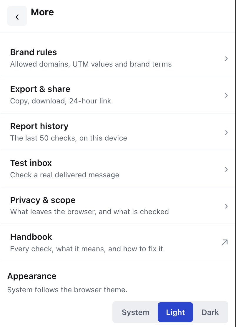 The More menu with brand rules, export, history, test inbox, privacy and handbook.