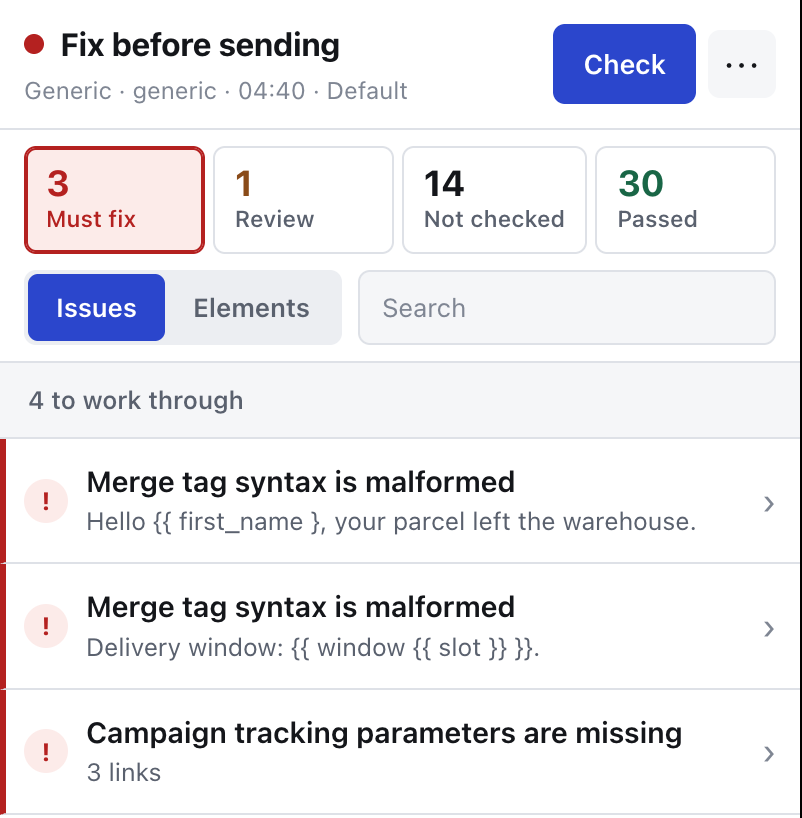 Findings for malformed merge tags left in an email.