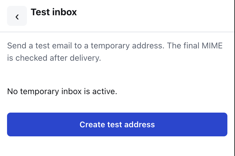 The Test inbox screen before an address has been created.