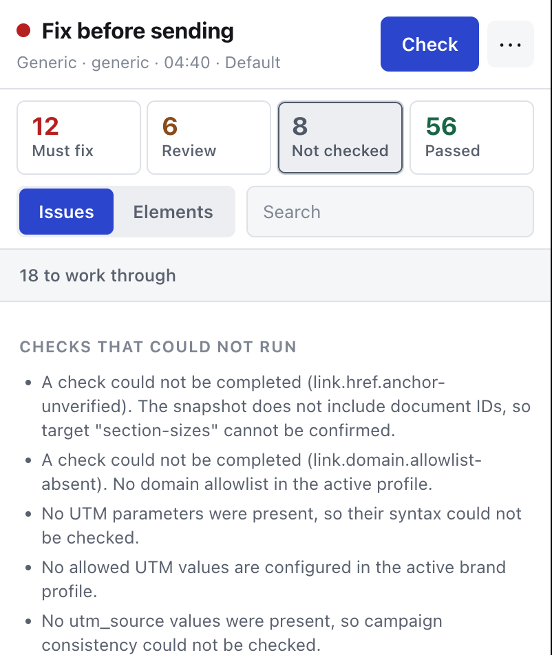 The Not checked filter listing the checks that could not run and why.