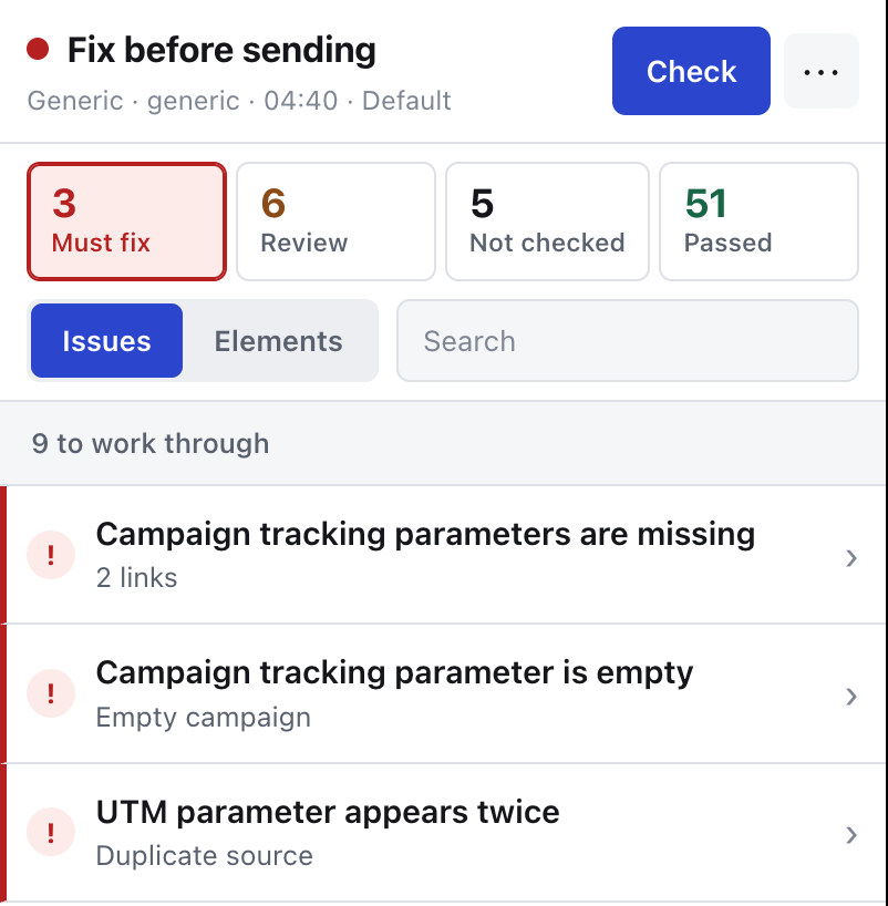 Findings for an email with missing, empty and duplicated UTM parameters.