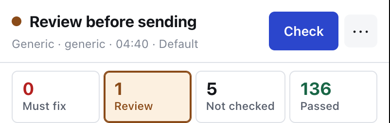 Verdict Review before sending with one warning and five checks not run.